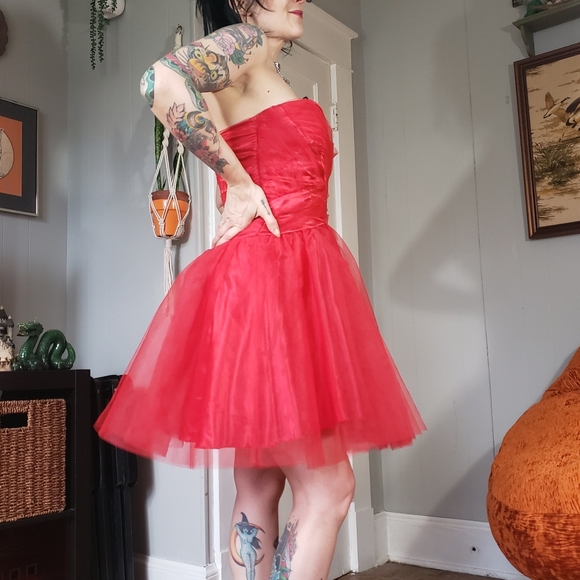 SOLD 80s Vintage Red Tulle Minidress Medium Sheer 1980s Prom Party Mini Dress - Picture 13 of 15